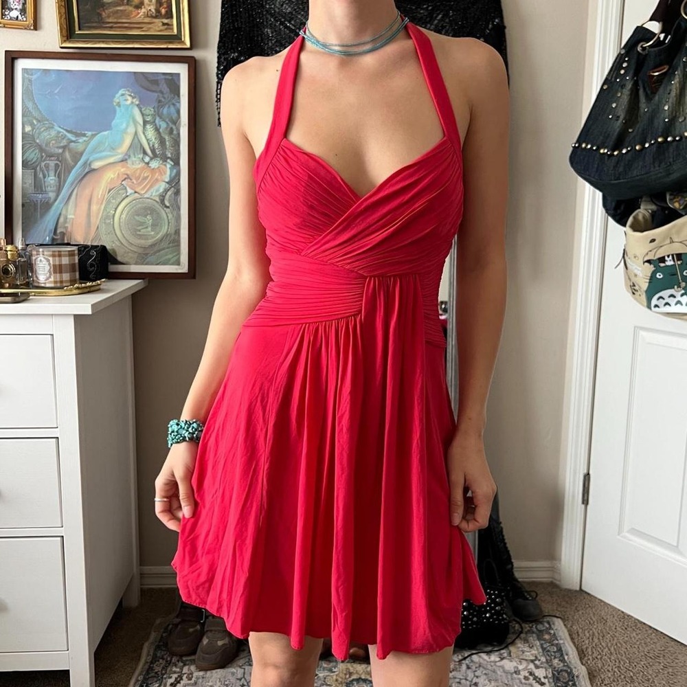 BCBG Max Azria Red Salmon Halter Flowy Midi Dress Y2K XXS